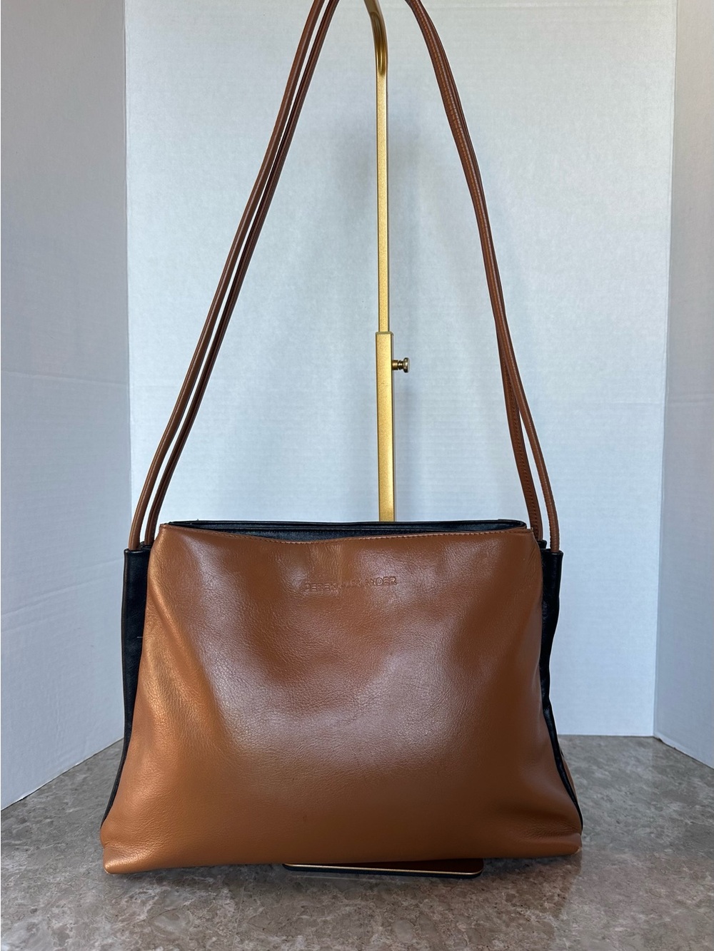 Derek Alexander Cognac & Black Leather Twin Strap Shoulder Bag Classic Chic